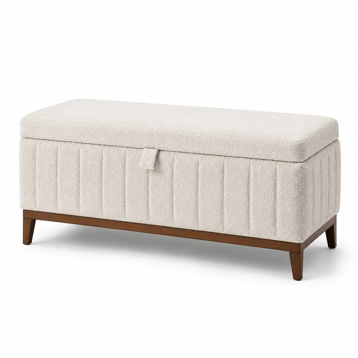 Banc de rangement en tissu bouclette blanc crème bois