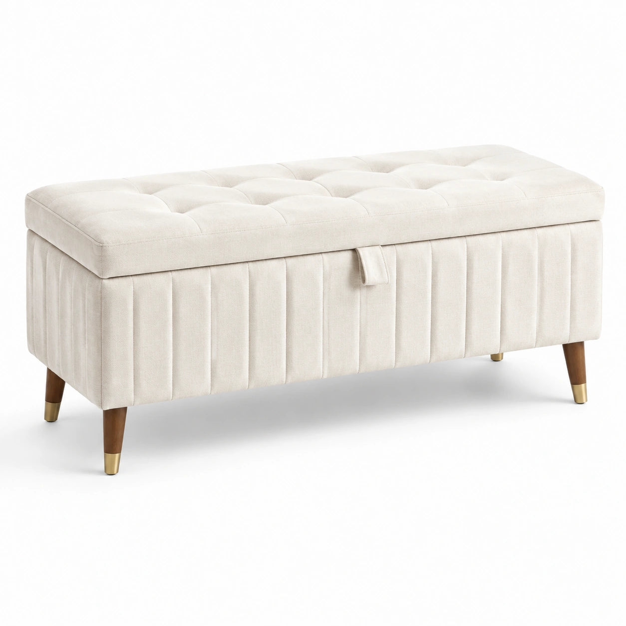 Banc de rangement en velours beige avec pieds en bois