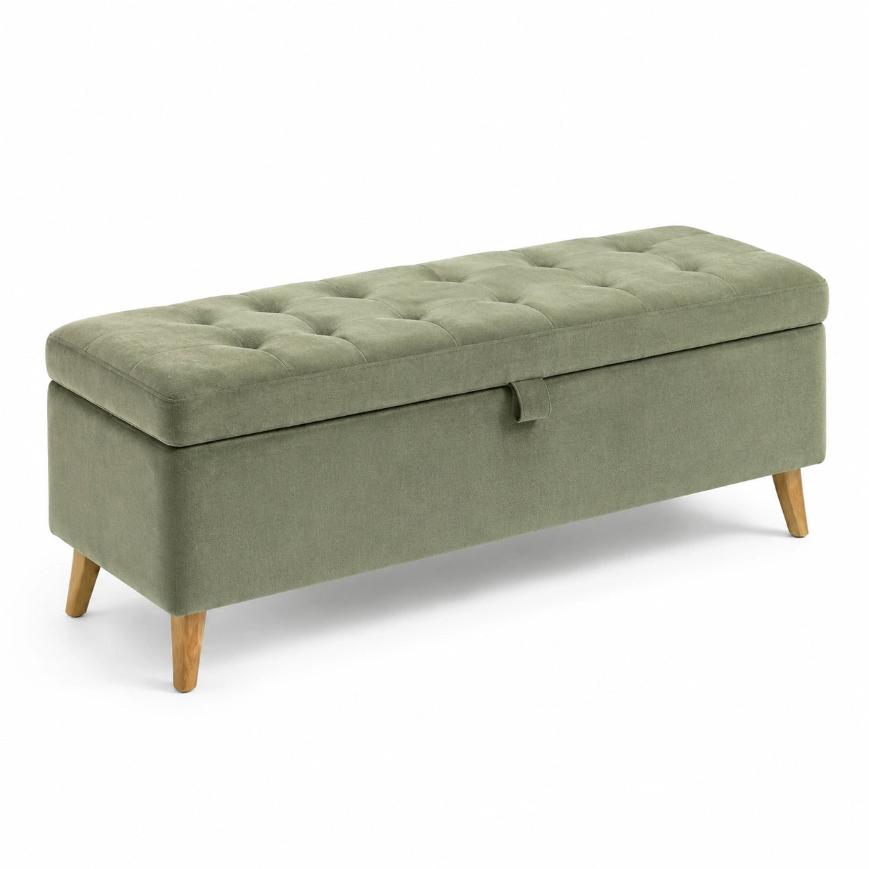 Banc de rangement en tissu polyester vert avec pieds en bois