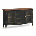 Buffet en bois et verre cannelé noir avec 3 tiroirs et 2 portes 140x40x85 cm