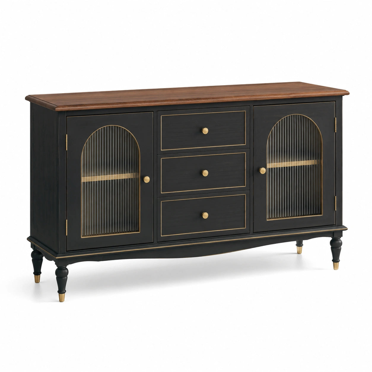 Buffet en bois et verre cannelé noir avec 3 tiroirs et 2 portes 140x40x85 cm