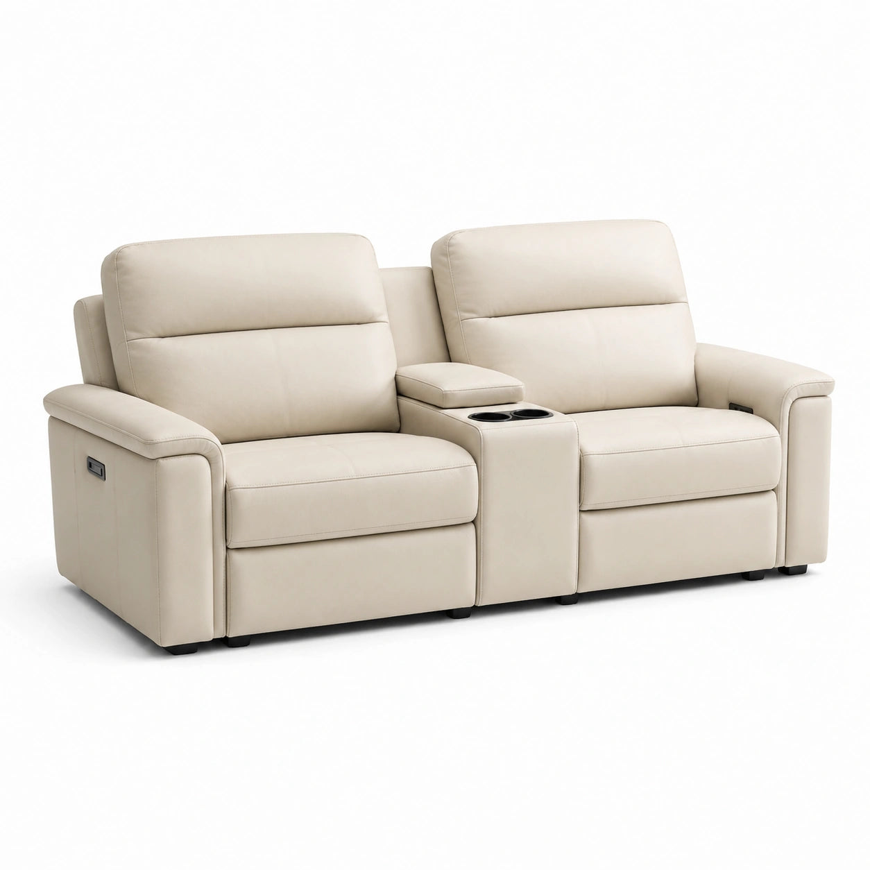 Canapé 2 places en cuir synthétique beige avec porte-gobelets