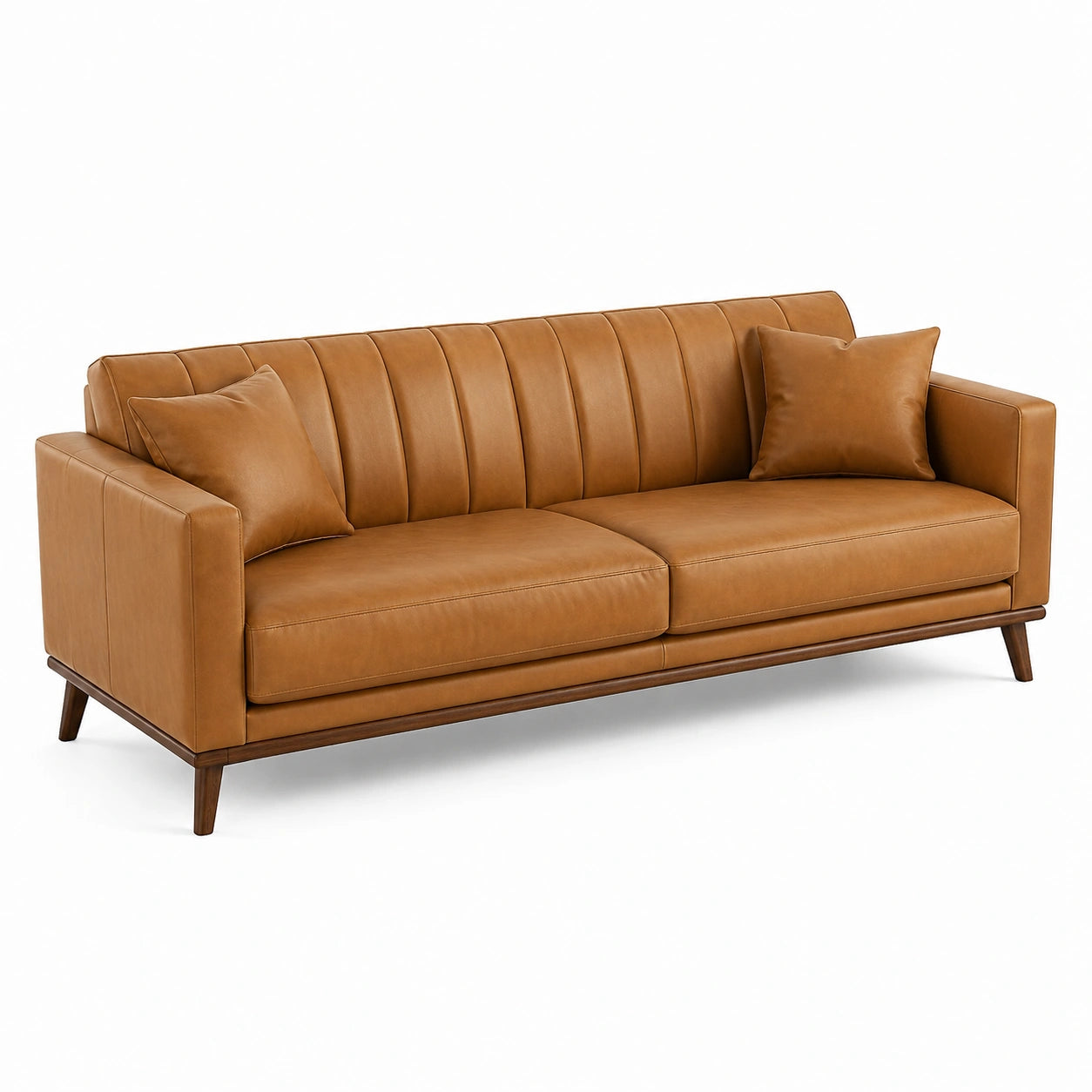 Canapé trois places en cuir synthétique marron avec coussins