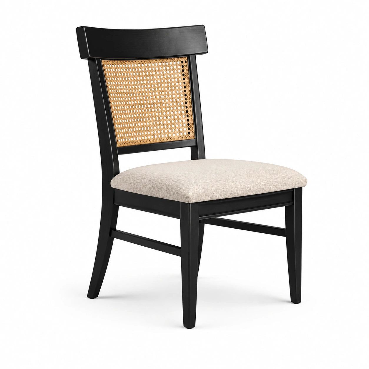 Chaise en bois noir et rotin avec siège en polyester beige