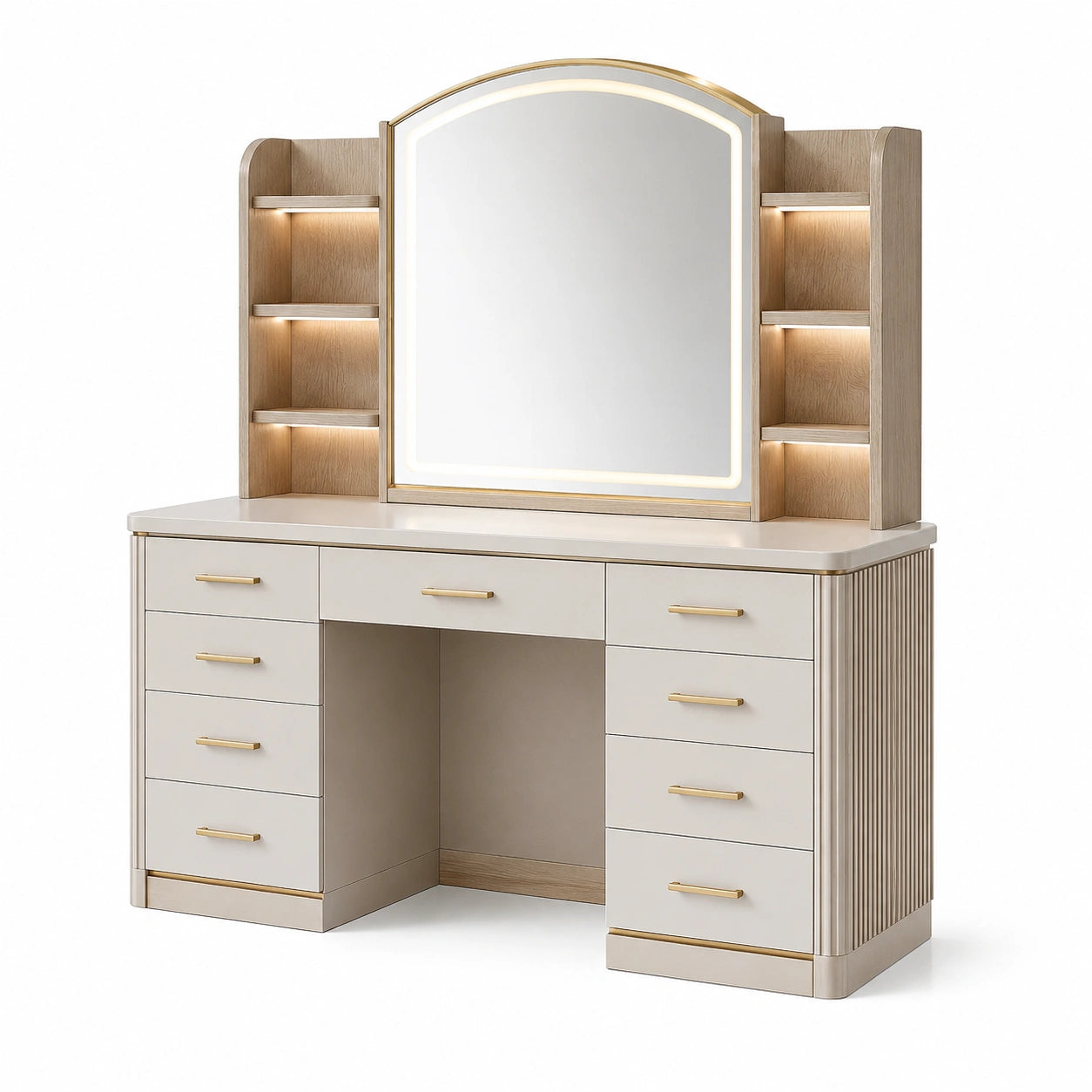 Coiffeuse en bois avec miroir LED et étagères intégrées