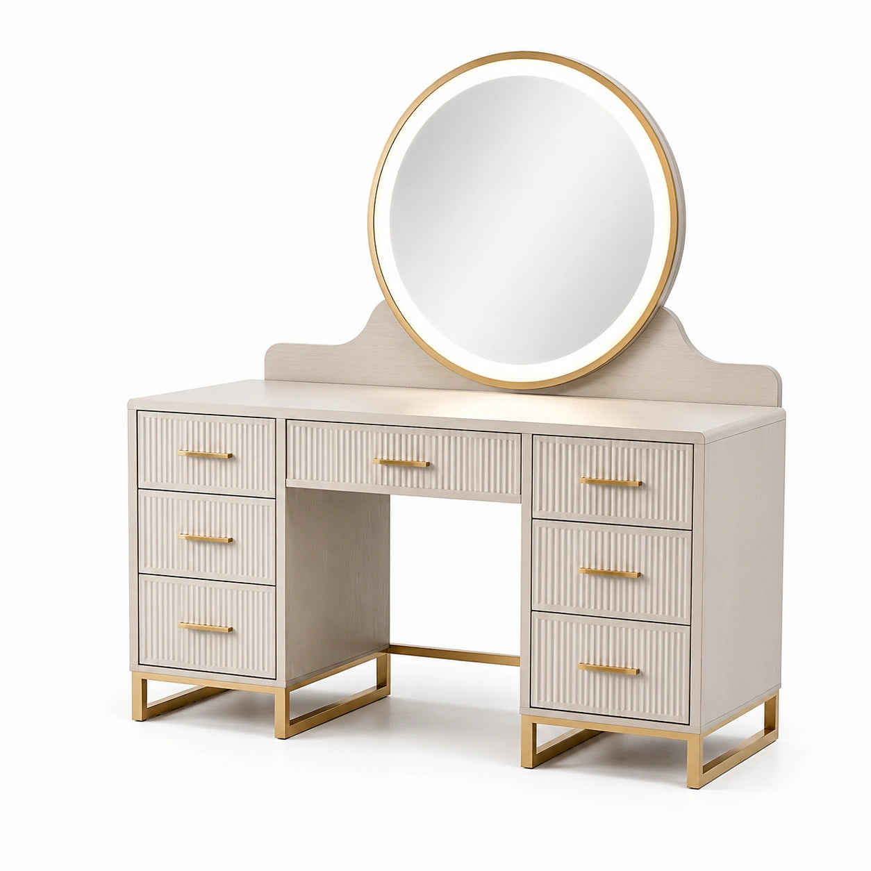 Coiffeuse en bois avec miroir trempé rond et tiroirs dorés