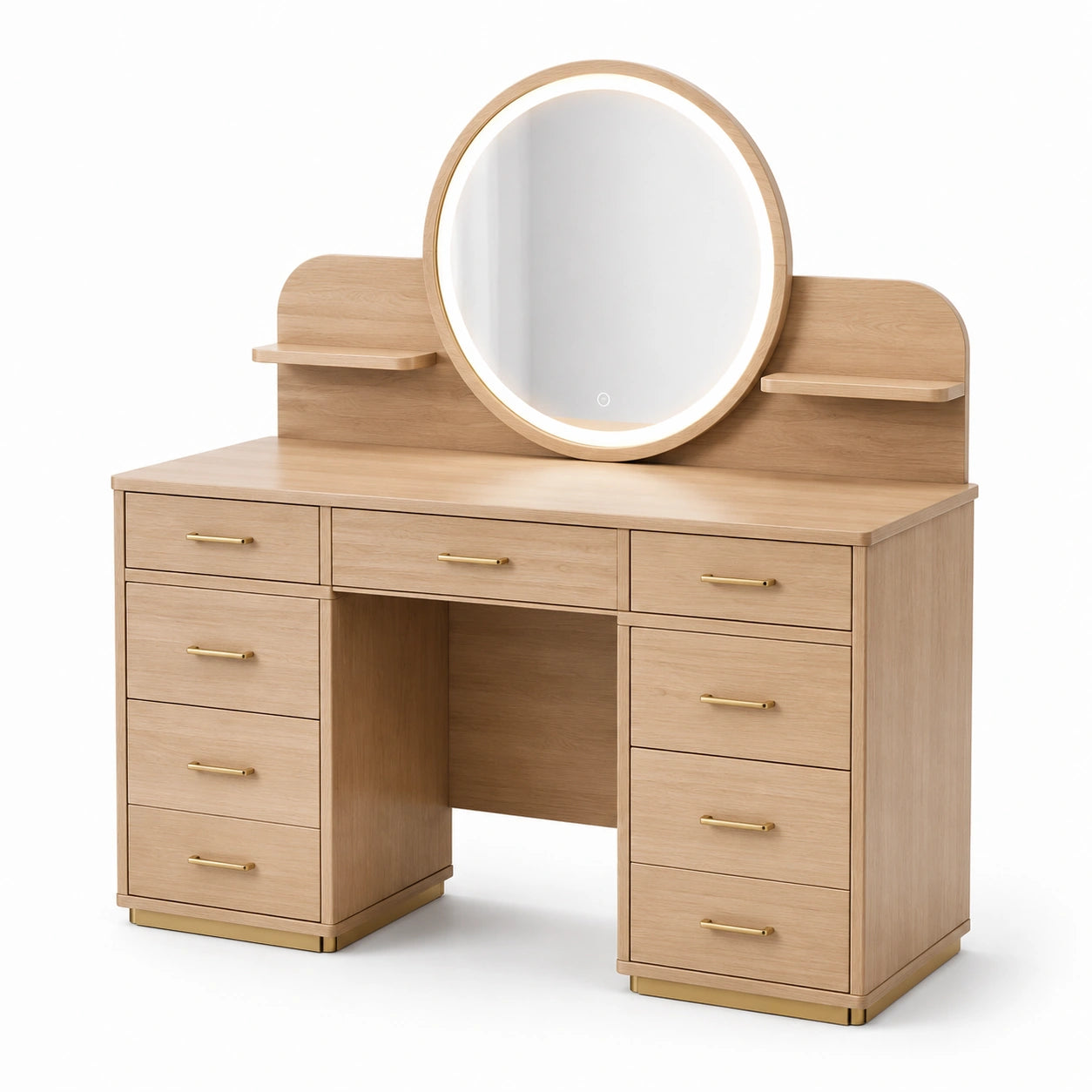 Coiffeuse en bois de chêne avec miroir rond à LED 120x40x130 cm