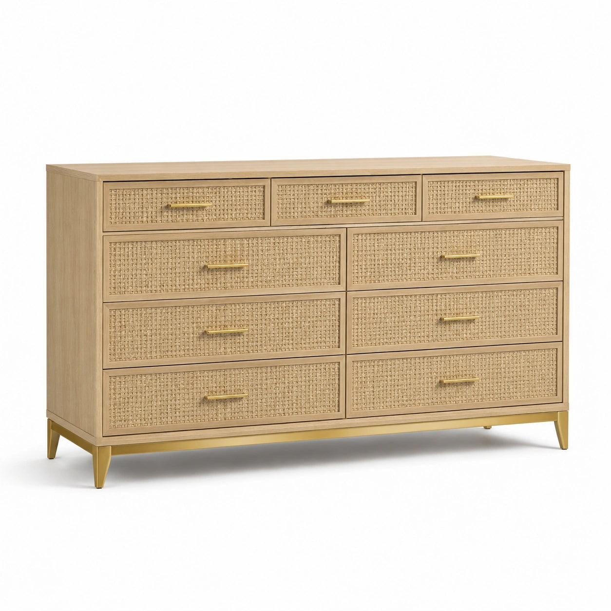 Commode en chêne clair et rotin avec 9 tiroirs