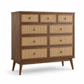 Commode en bois avec façade en rotin 9 tiroirs marron/beige