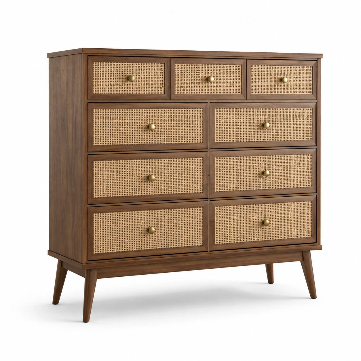 Commode en bois avec façade en rotin 9 tiroirs marron/beige
