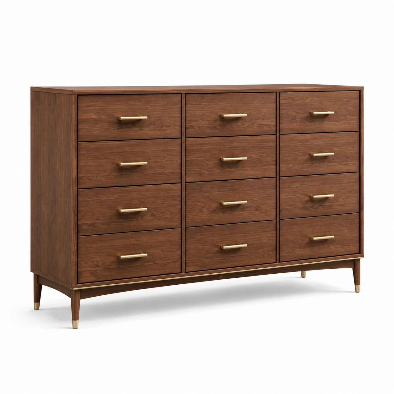 Commode en bois marron avec 9 tiroirs et poignées dorées