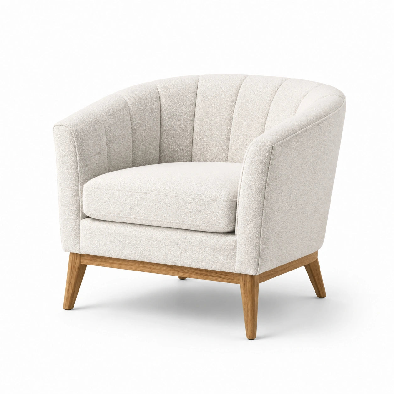 Fauteuil arrondi en polyester beige avec pieds en bois de chêne