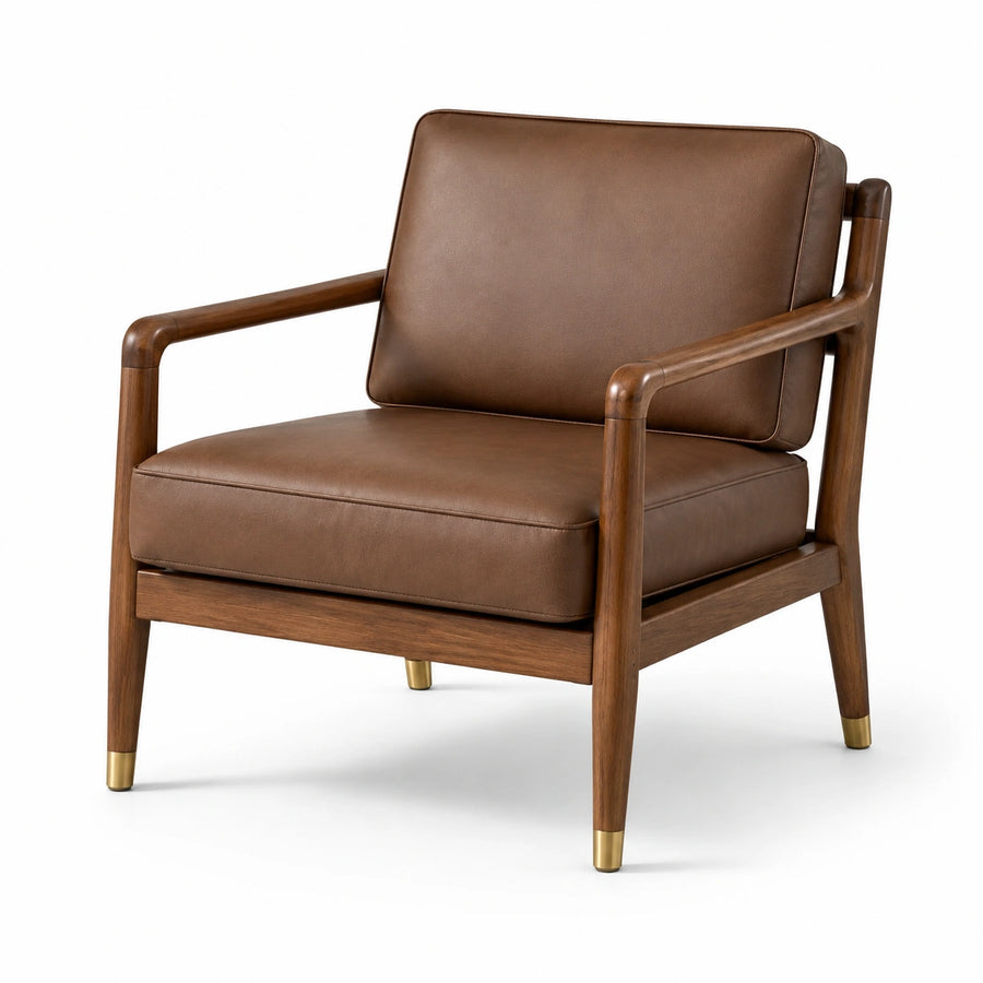 Fauteuil en cuir synthétique marron avec structure en bois de noyer