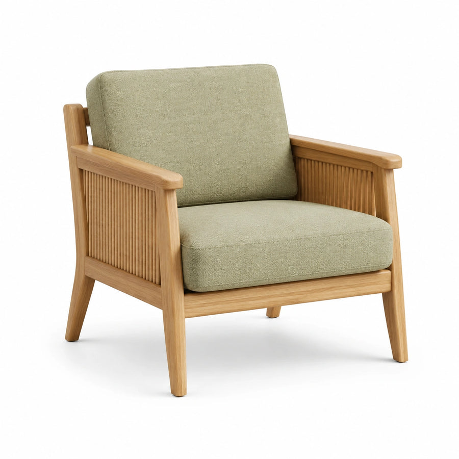 Fauteuil en bois avec coussins en tissu vert