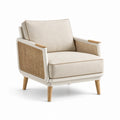 Fauteuil en tissu polyester beige avec accoudoirs en rotin et pieds en bois