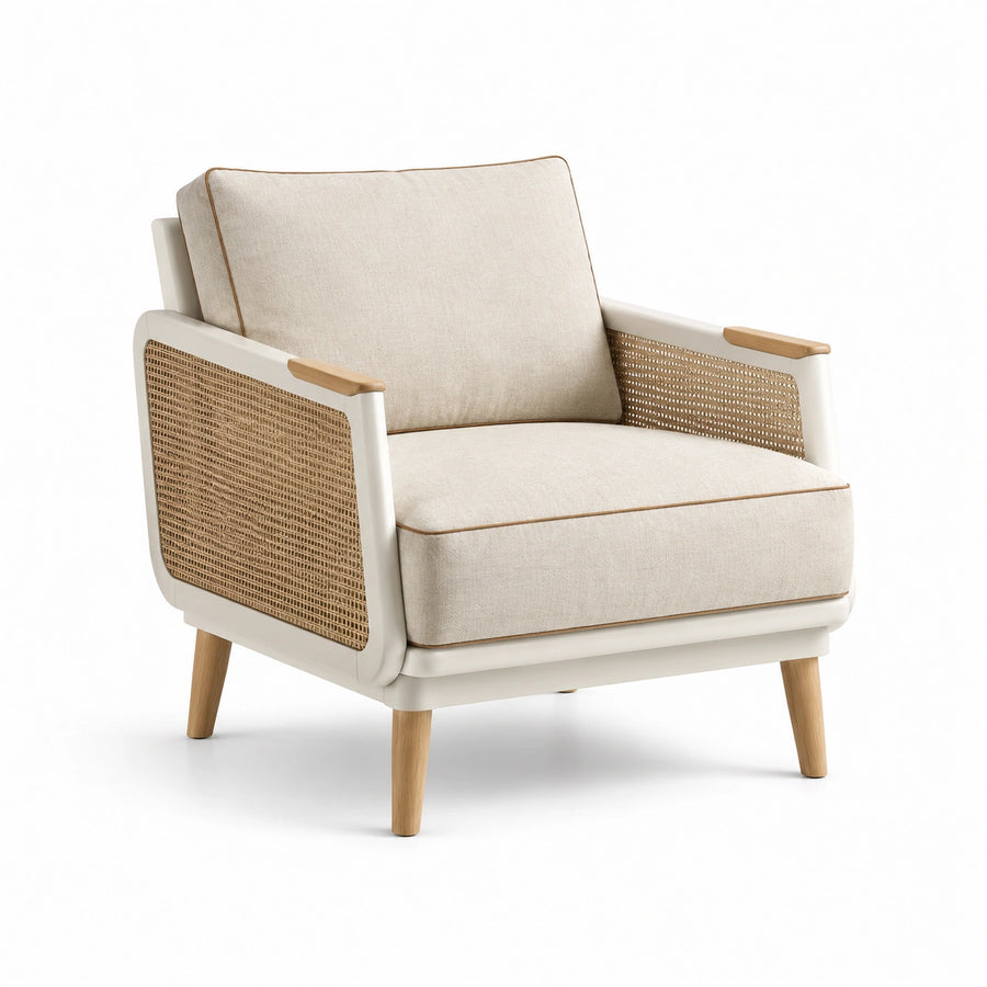 Fauteuil en tissu polyester beige avec accoudoirs en rotin et pieds en bois