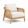 Fauteuil en bois chêne et rotin beige coussins en lin