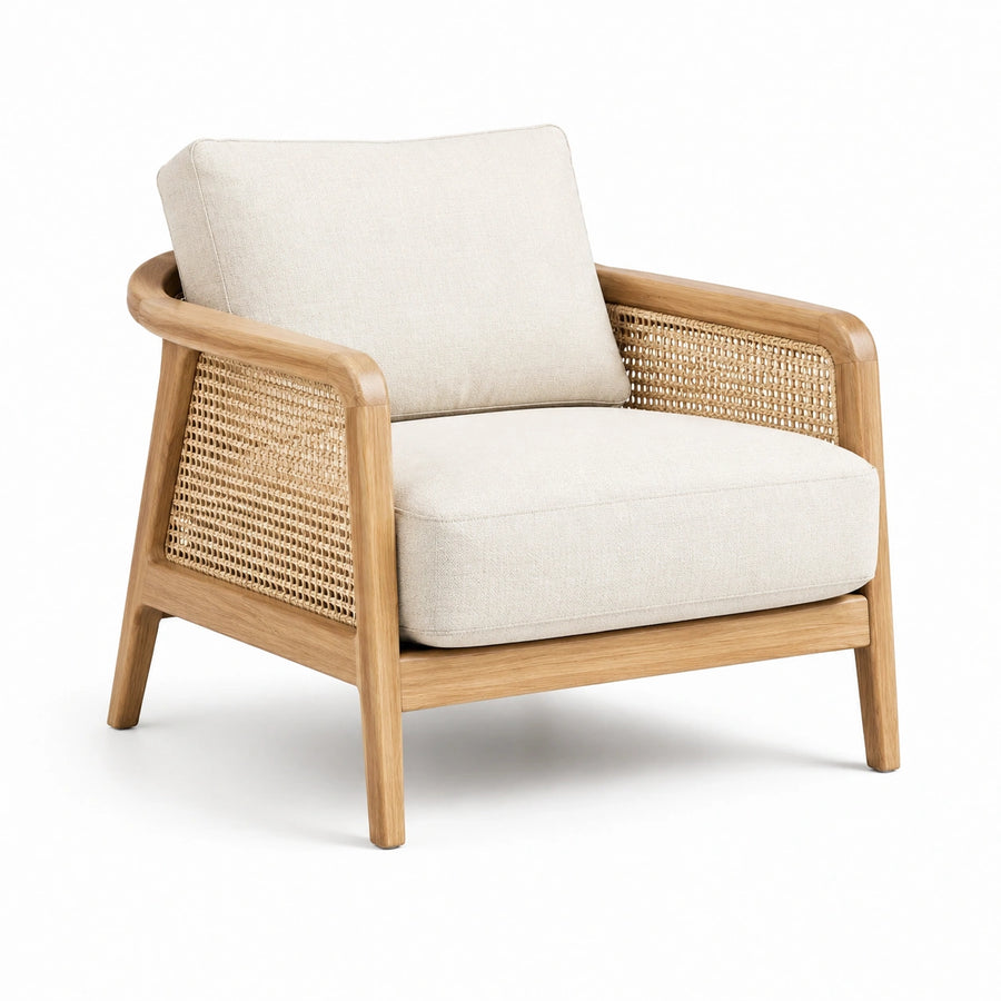 Fauteuil en bois chêne et rotin beige coussins en lin