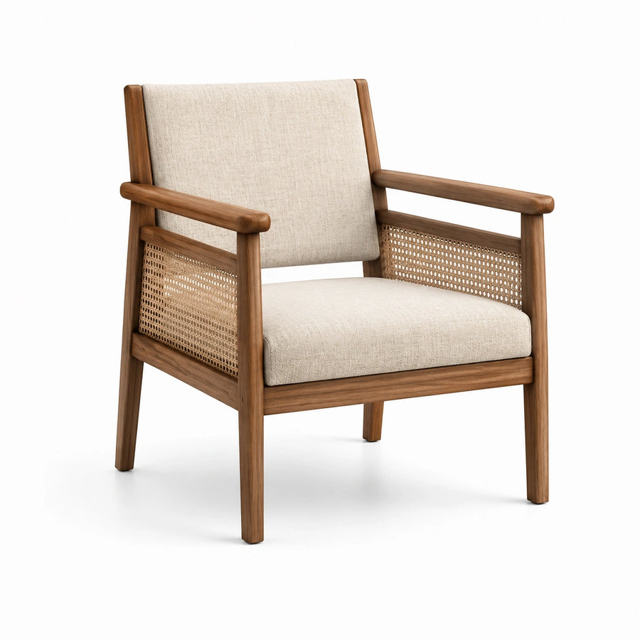 Fauteuil en bois avec accoudoirs en rotin et tissu beige